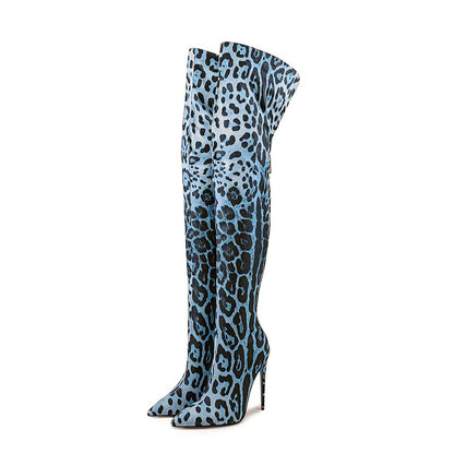 Leopard print over the knee boots in light blue with high heels for a trendy fashion statement
