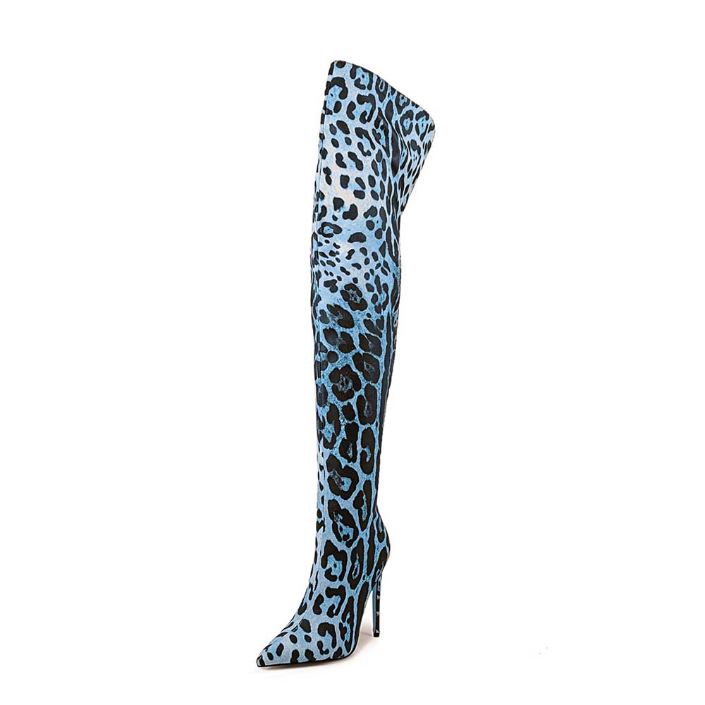 Leopard print over the knee boots in blue with a stylish high heel for fashion-forward looks