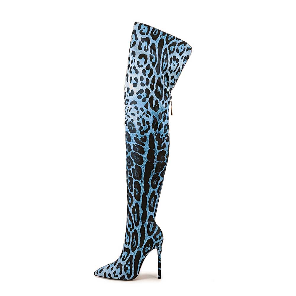 Stylish leopard print over the knee boots in blue with a sleek stiletto heel