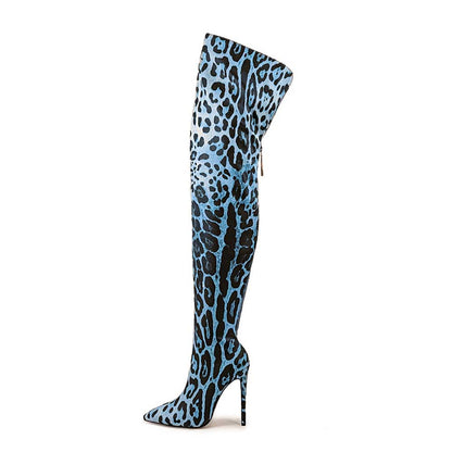 Stylish leopard print over the knee boots in blue with a sleek stiletto heel