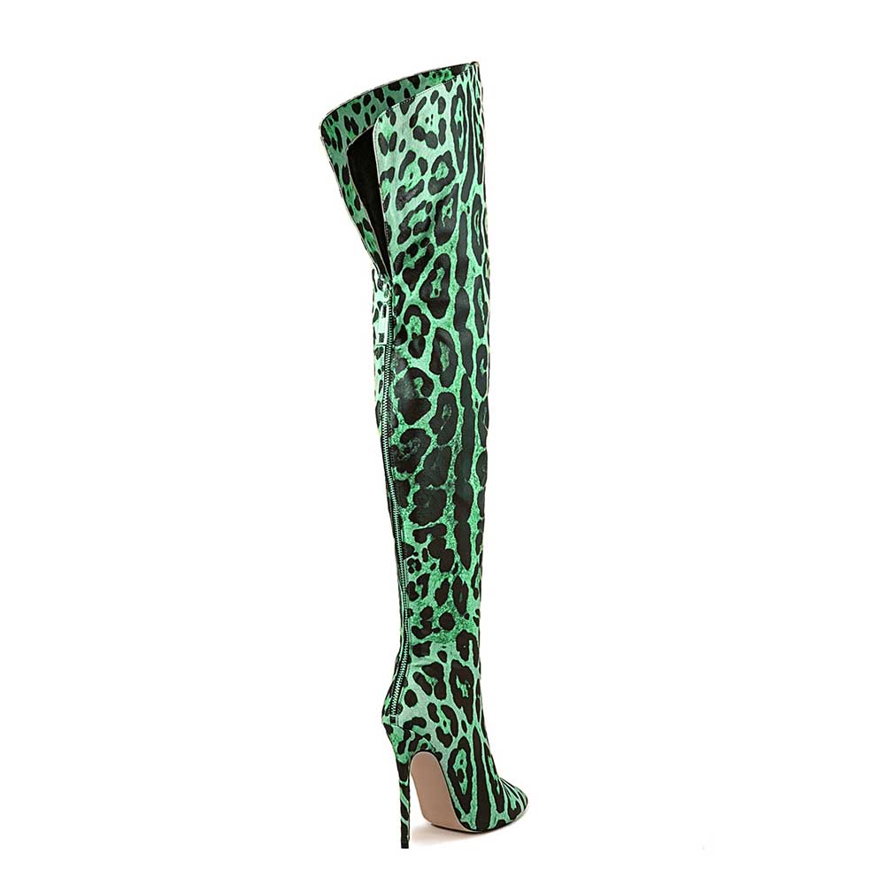 Stylish leopard print over the knee boots in green with high heels for trendy footwear enthusiasts