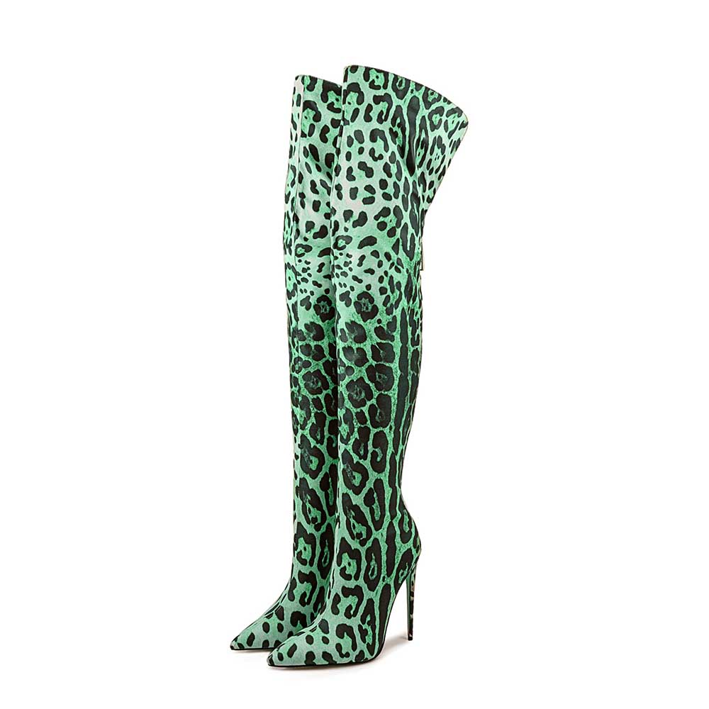 Mint Green Leopard Print Over the Knee Boots with High Stiletto Heels for a Bold Fashion Statement