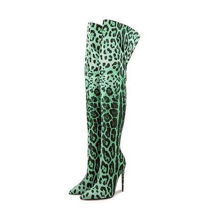 Mint Green Leopard Print Over the Knee Boots with High Stiletto Heels for a Bold Fashion Statement