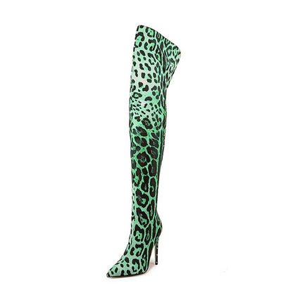 Bold leopard print over the knee boots in green with a sleek stiletto heel for stylish outfits