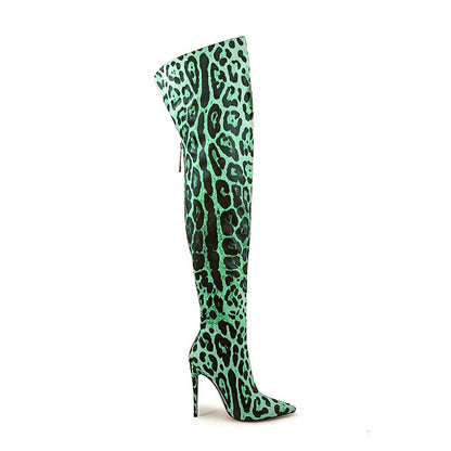 Leopard print over the knee boots in turquoise with high stiletto heels for a bold fashion statement