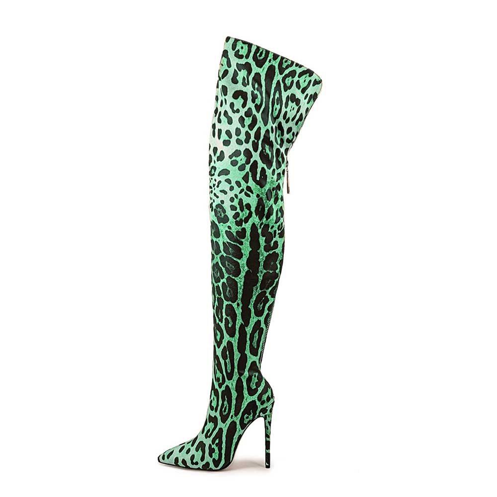 Stylish leopard print over the knee boots in vibrant green, perfect for bold fashion statements