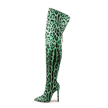 Stylish leopard print over the knee boots in vibrant green, perfect for bold fashion statements