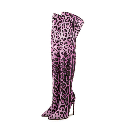 Leopard print over the knee boots in pink with a sleek stiletto heel for a bold fashion statement