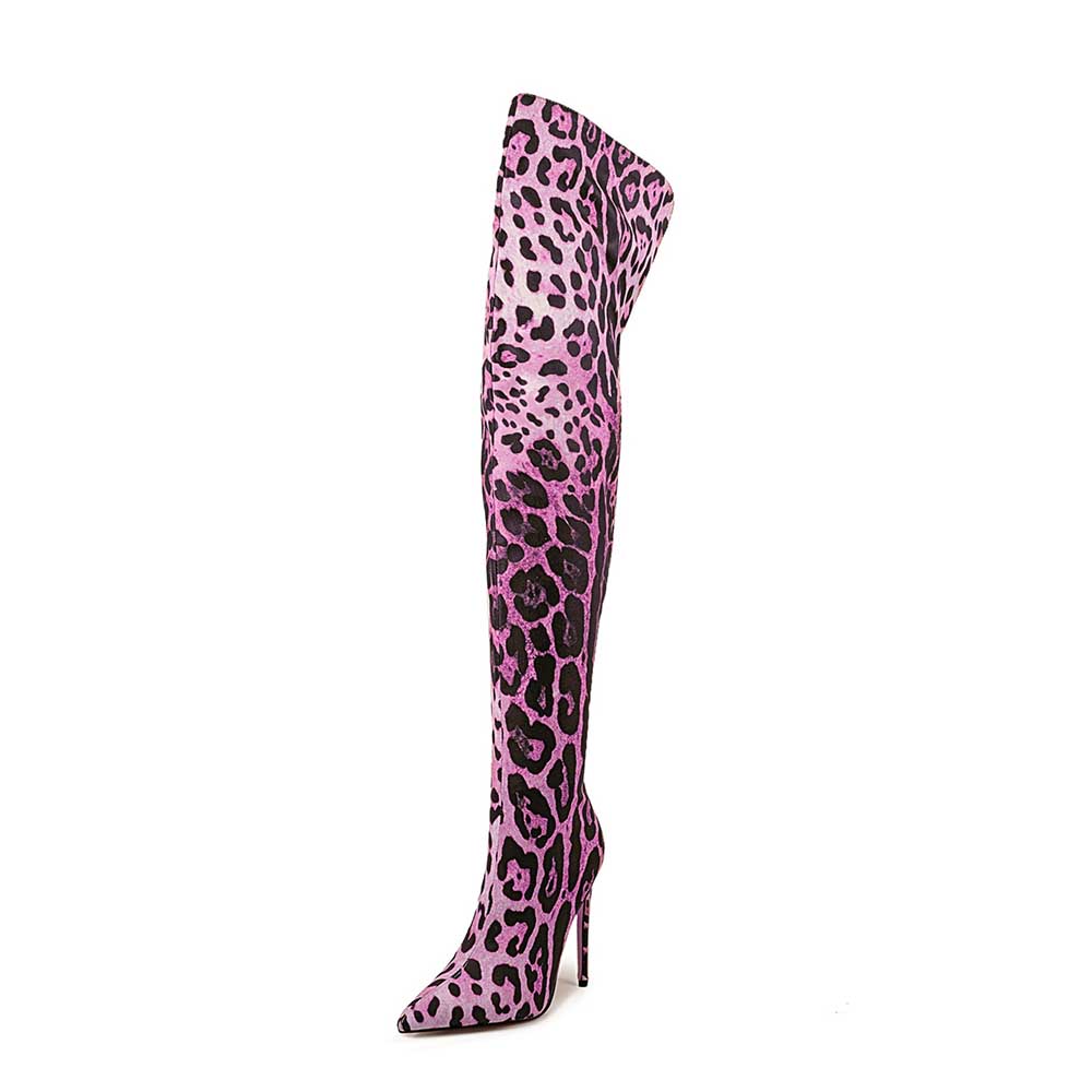 Leopard print over the knee boots in pink with a sleek pointed toe and high stiletto heel