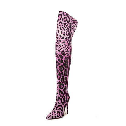 Leopard print over the knee boots in pink with a sleek pointed toe and high stiletto heel