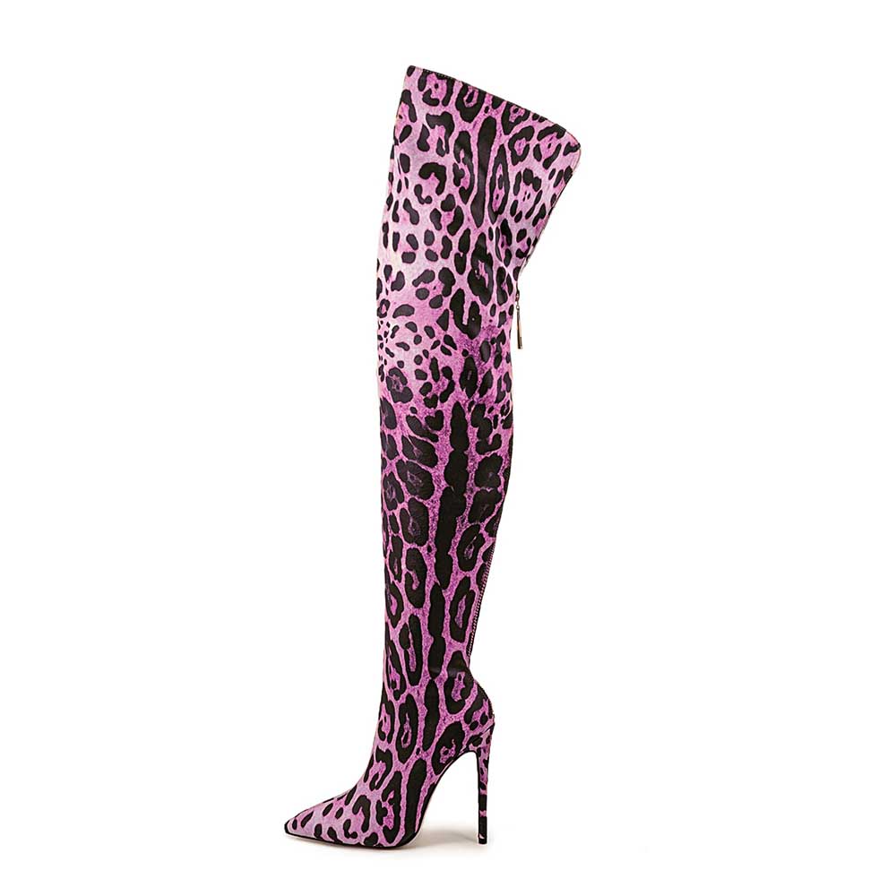 Leopard print over the knee boots in pink with a stiletto heel for a trendy fashion statement