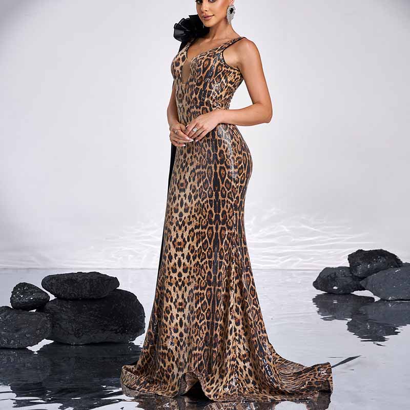 Leopard-Print Gown With Cape V-Neck Prom Dress