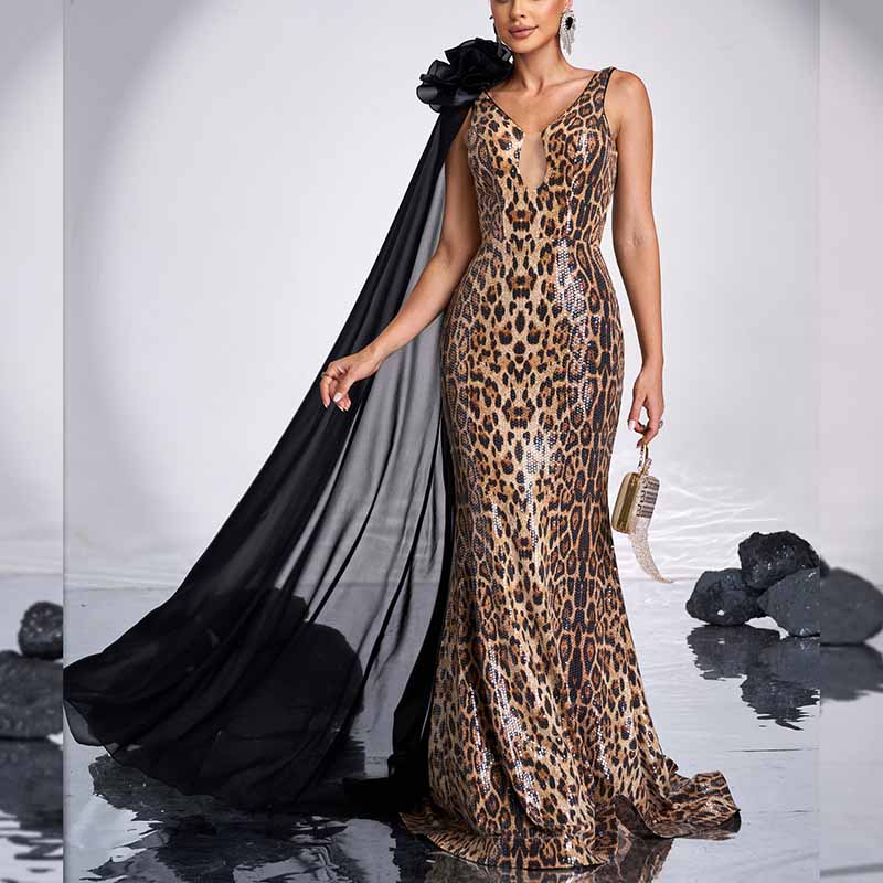 Leopard-Print Gown With Cape V-Neck Prom Dress