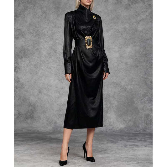 Black High Neck Long Dress with Metallic Belt – Vintage Fitted Waist Evening Gown for Women