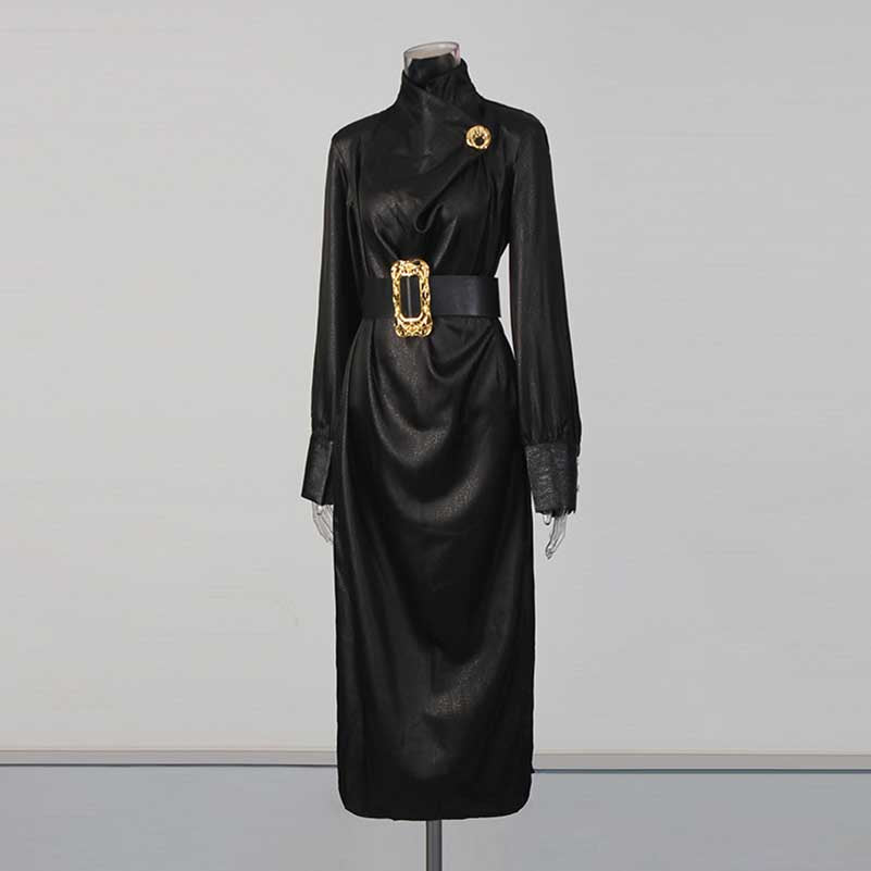 Black High Neck Long Dress with Metallic Belt – Vintage Fitted Waist Evening Gown for Women