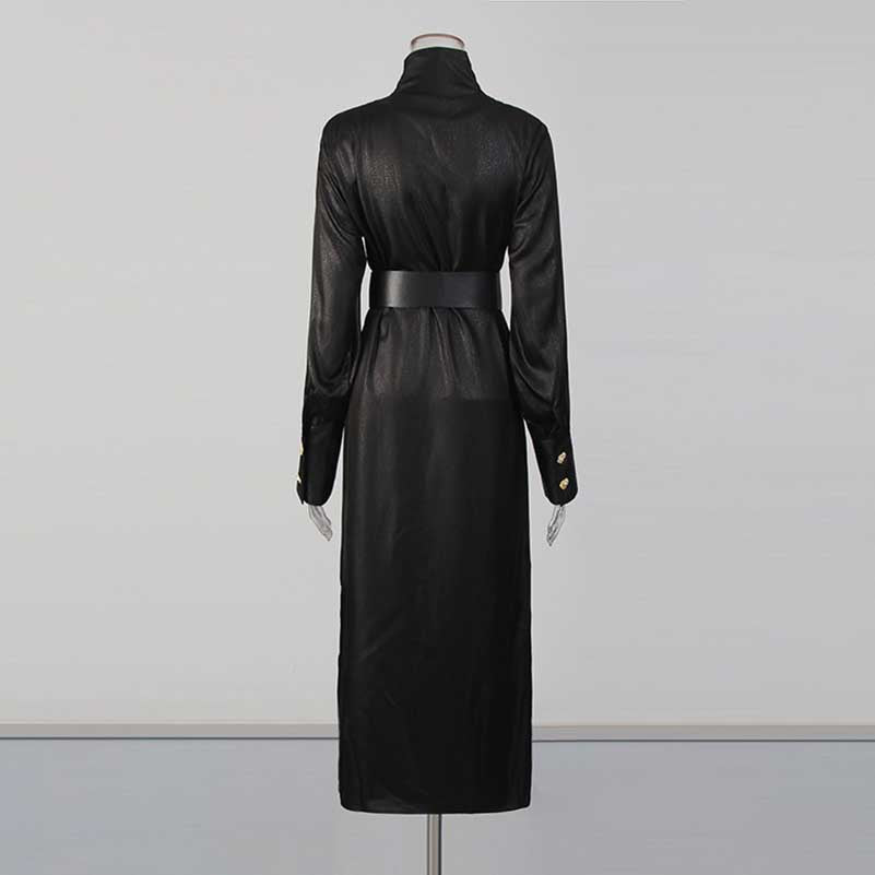 Black High Neck Long Dress with Metallic Belt – Vintage Fitted Waist Evening Gown for Women