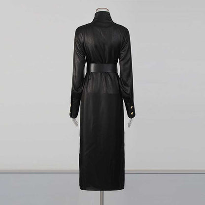Black High Neck Long Dress with Metallic Belt – Vintage Fitted Waist Evening Gown for Women