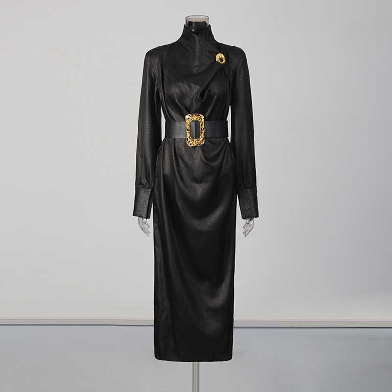 Black High Neck Long Dress with Metallic Belt – Vintage Fitted Waist Evening Gown for Women