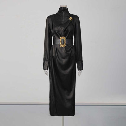 Black High Neck Long Dress with Metallic Belt – Vintage Fitted Waist Evening Gown for Women