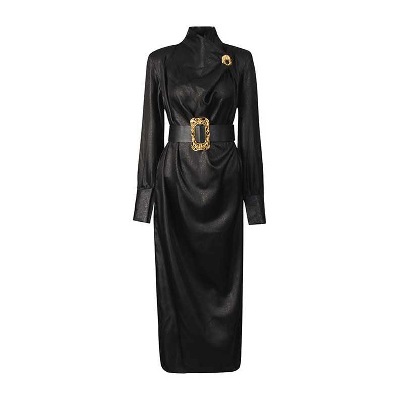 Black High Neck Long Dress with Metallic Belt – Vintage Fitted Waist Evening Gown for Women