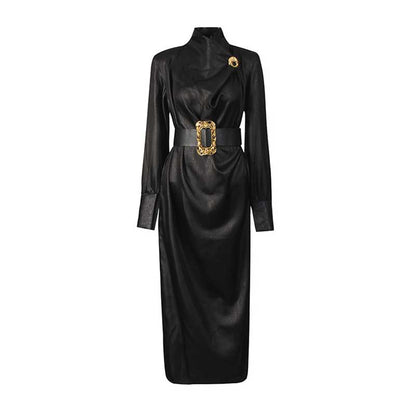 Black High Neck Long Dress with Metallic Belt – Vintage Fitted Waist Evening Gown for Women