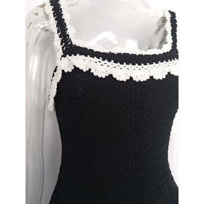 Square Neck Midi Black Dress Body-Con Slim Fit Chic A-Line Cocktail Dress