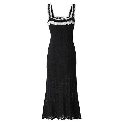 Square Neck Midi Black Dress Body-Con Slim Fit Chic A-Line Cocktail Dress