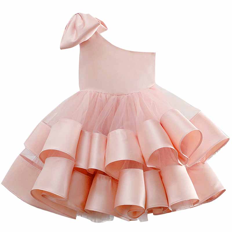 Children's Birthday Party Dress With Bows One Shoulder Kid Flower Girl Dresses