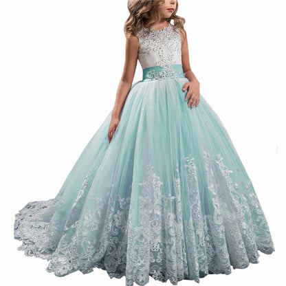 Princess Lace Flower Wedding Dress Kids Prom Puffy Tulle Ball Gowns