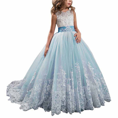 Princess Lace Flower Wedding Dress Kids Prom Puffy Tulle Ball Gowns