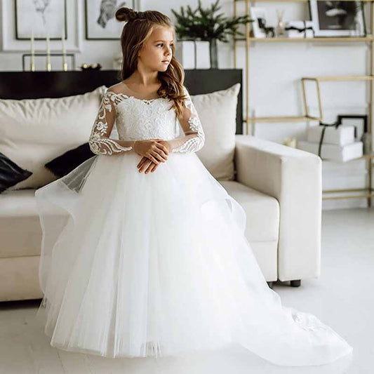 Flower Girls Dress Long Sleeve Wedding Kid Lace Tulle Princess Dress
