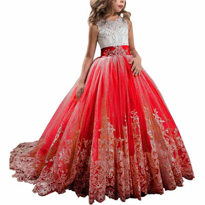 Princess Lace Flower Wedding Dress Kids Prom Puffy Tulle Ball Gowns