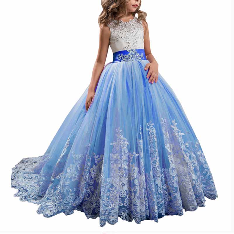 Princess Lace Flower Wedding Dress Kids Prom Puffy Tulle Ball Gowns