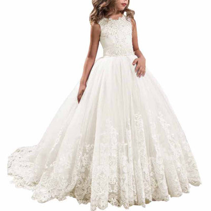 Princess Lace Flower Wedding Dress Kids Prom Puffy Tulle Ball Gowns