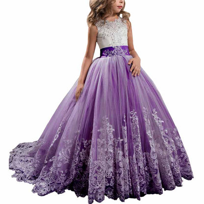 Princess Lace Flower Wedding Dress Kids Prom Puffy Tulle Ball Gowns