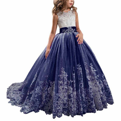 Princess Lace Flower Wedding Dress Kids Prom Puffy Tulle Ball Gowns