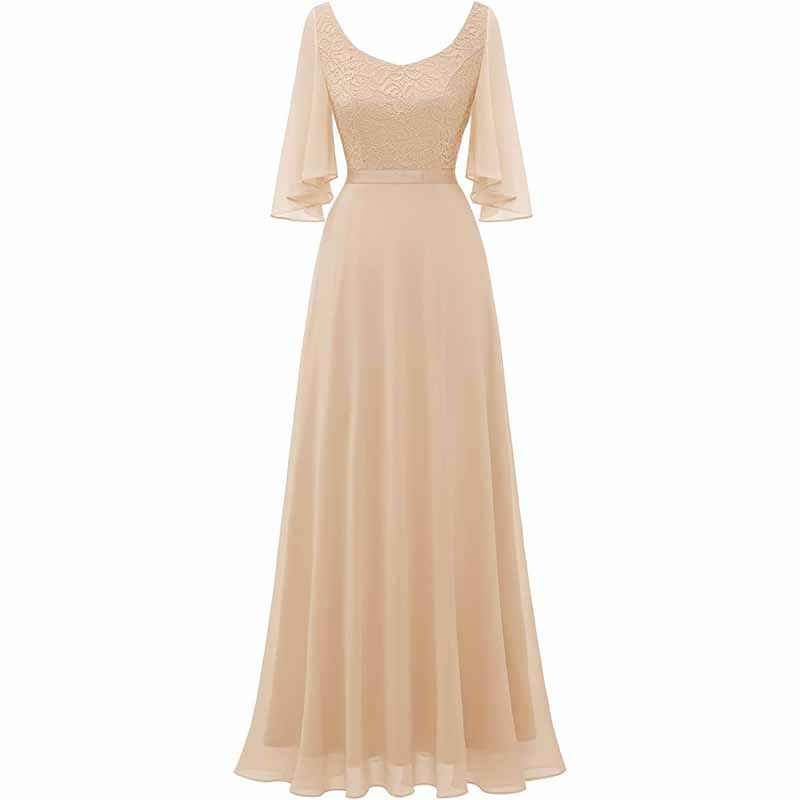 SD-HK long bridesmaid dresses floor length in nude with lace bodice and elegant flowy sleeves