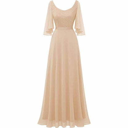 SD-HK long bridesmaid dresses floor length in nude with lace bodice and elegant flowy sleeves