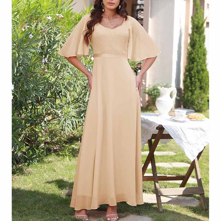 Long Bridesmaid Dresses Floor Length in Soft Yellow with Flutter Sleeves and Elegant Design