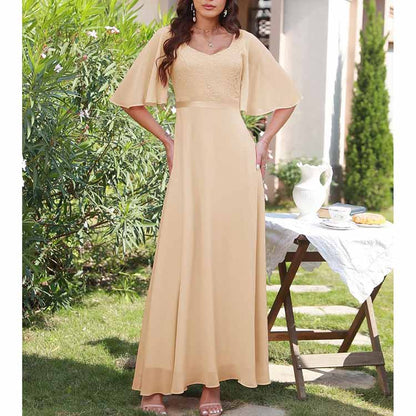 Long Bridesmaid Dresses Floor Length in Soft Yellow with Flutter Sleeves and Elegant Design