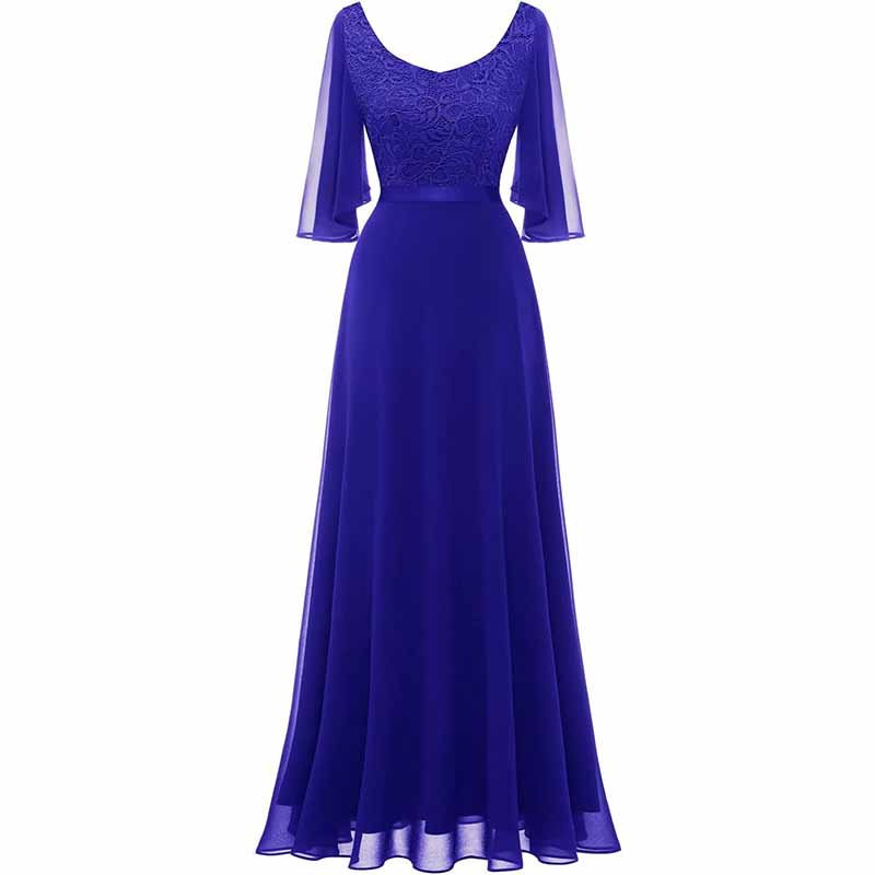 Elegant blue long bridesmaid dresses floor length with lace bodice and flowing sleeves