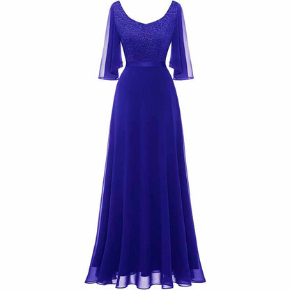 Elegant blue long bridesmaid dresses floor length with lace bodice and flowing sleeves