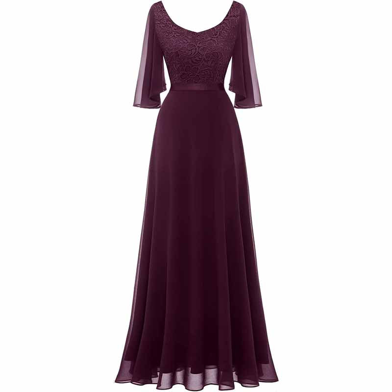 Long Bridesmaid Dresses Floor Length in Burgundy with Elegant Flutter Sleeves