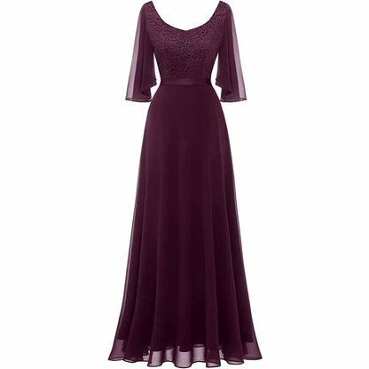 Long Bridesmaid Dresses Floor Length in Burgundy with Elegant Flutter Sleeves
