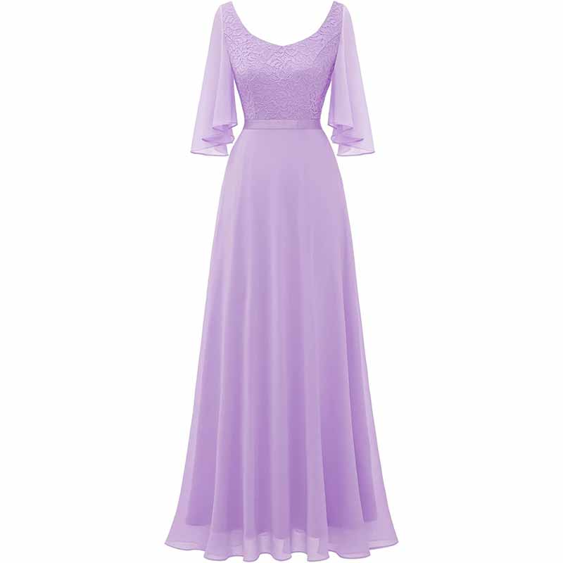 Long Bridesmaid Dresses Floor Length in Lavender with Elegant Lace and Flowy Sleeves