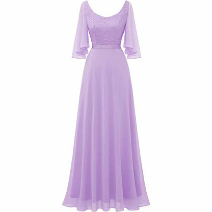 Long Bridesmaid Dresses Floor Length in Lavender with Elegant Lace and Flowy Sleeves