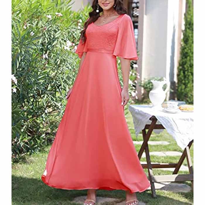 Coral long bridesmaid dresses floor length with flutter sleeves and elegant design