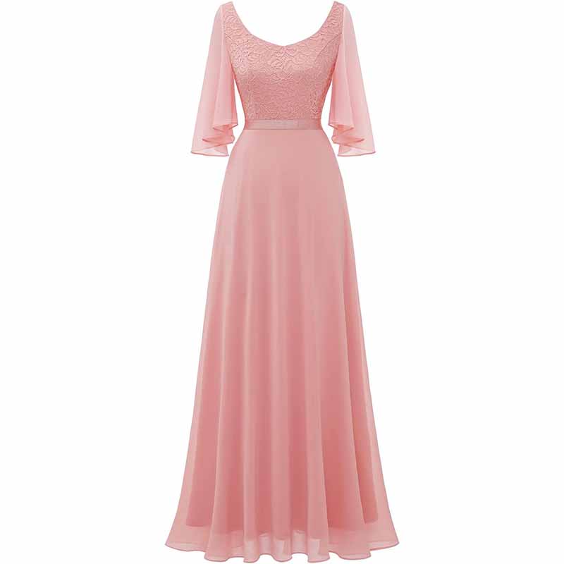 Long Bridesmaid Dresses Floor Length in Pink with Lace Bodice and Flowing Sleeves