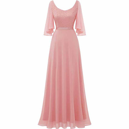 Long Bridesmaid Dresses Floor Length in Pink with Lace Bodice and Flowing Sleeves