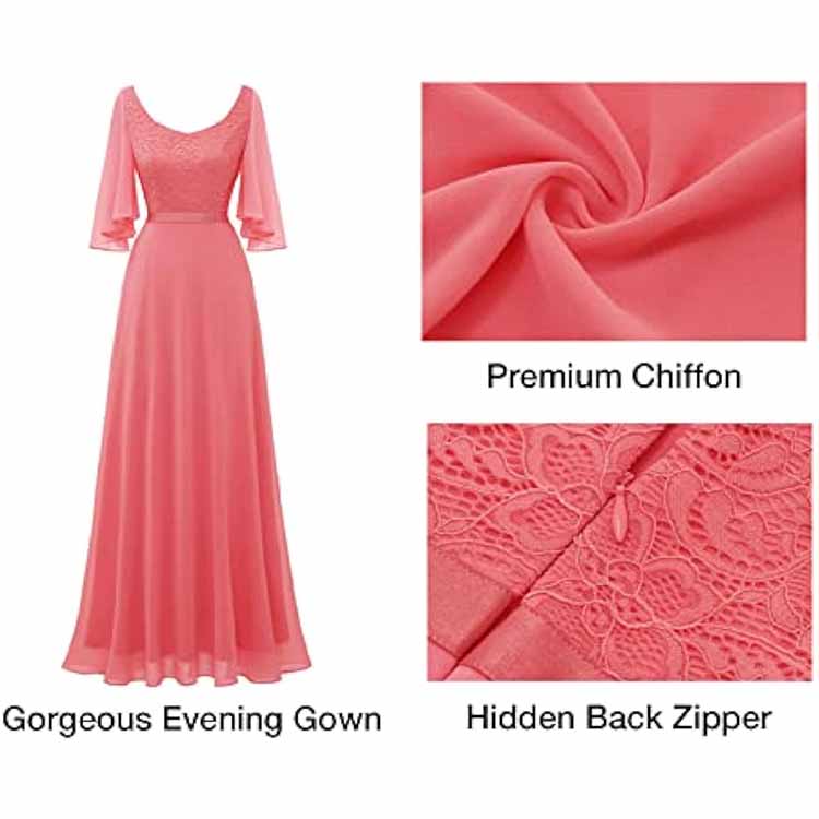 Elegant SD-HK long bridesmaid dresses floor length in coral with lace and chiffon details